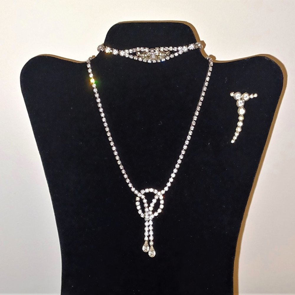 Vintage Rhinestone Necklace, Bracelet and Pin. Clear Stones Silver Tone Settings